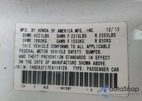 2014 Honda Accord Sport z USA, uszkodzony, nr VIN 1HGCR2F57EA114128